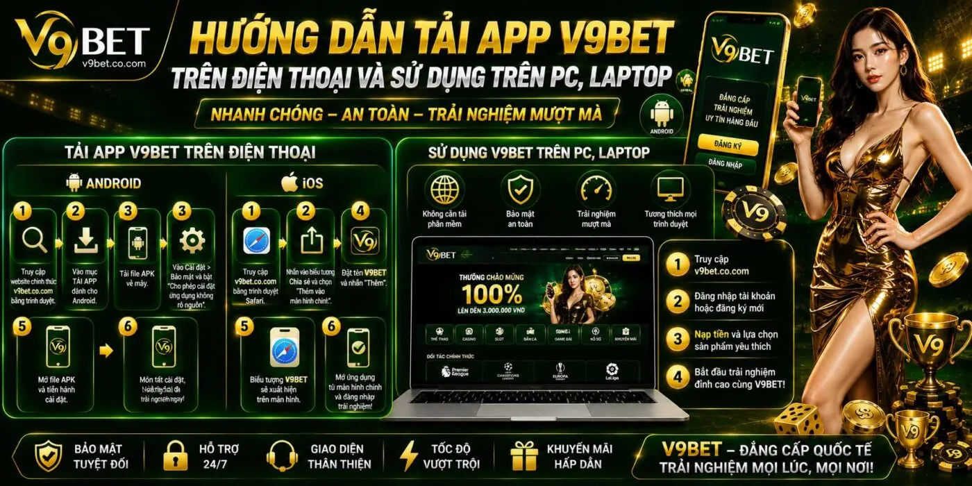 Hướng dẫn tải app V9BET trên điện thoại và sử dụng trên PC, laptop